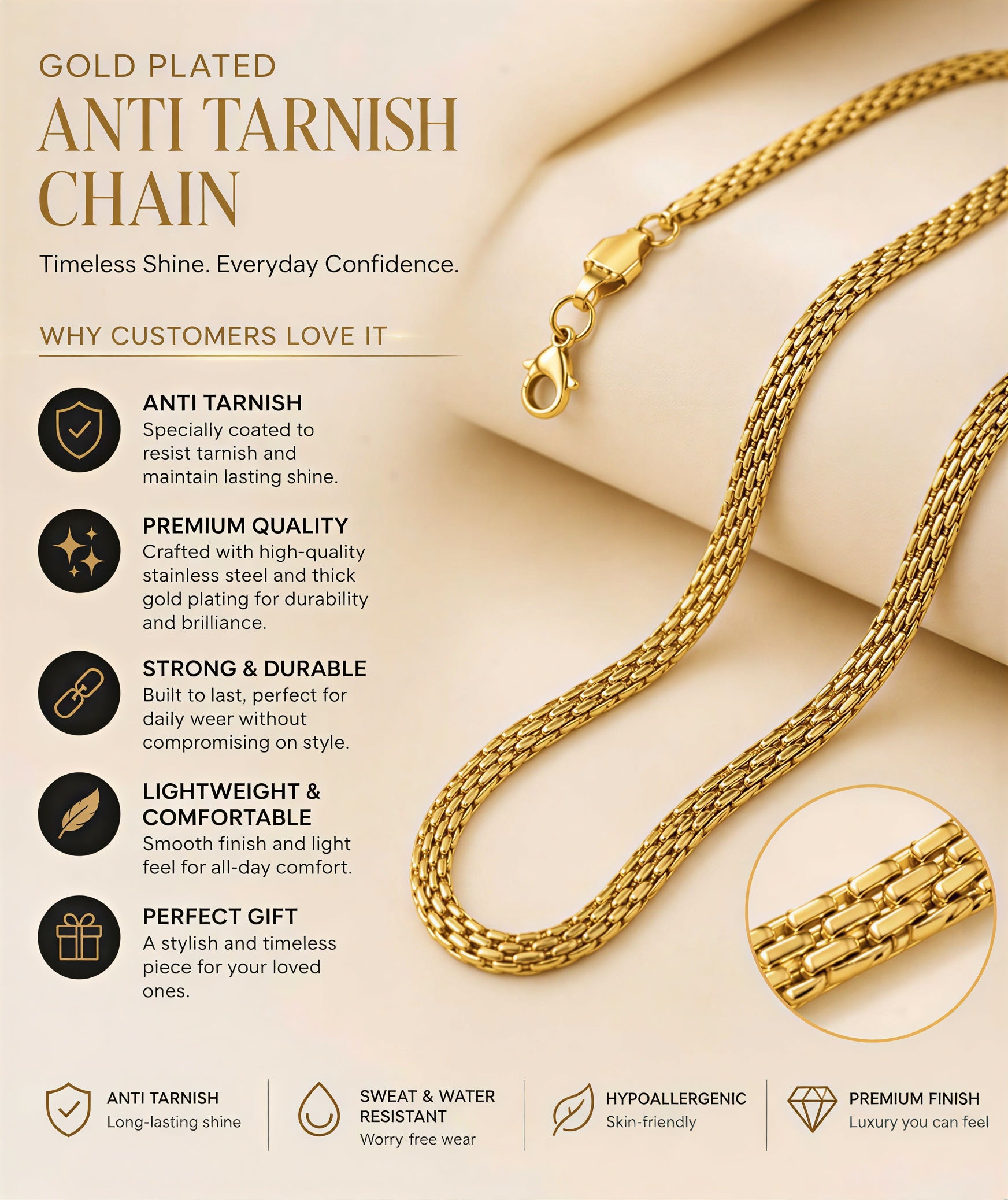 Anti Tarnish Gold Plated Chain for Men Waterproof Sweat Resistant Premium Quality Necklace