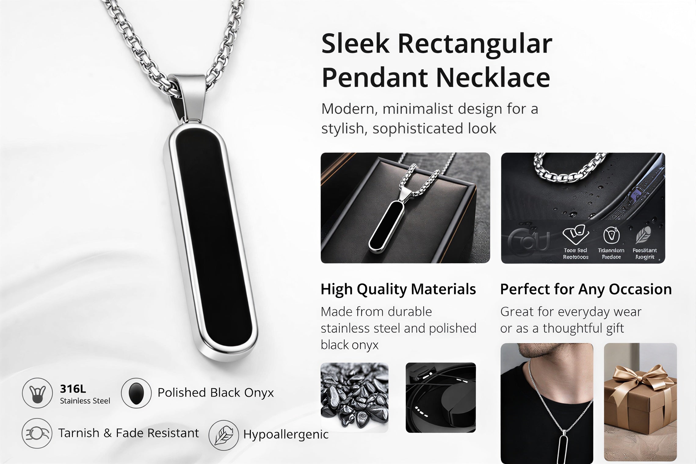 Stainless steel black bar pendant necklace for men – trendy minimalist chain pendant jewelry