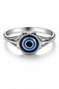 Blue evil eye stainless steel ring front view traditional nazar protection ring
