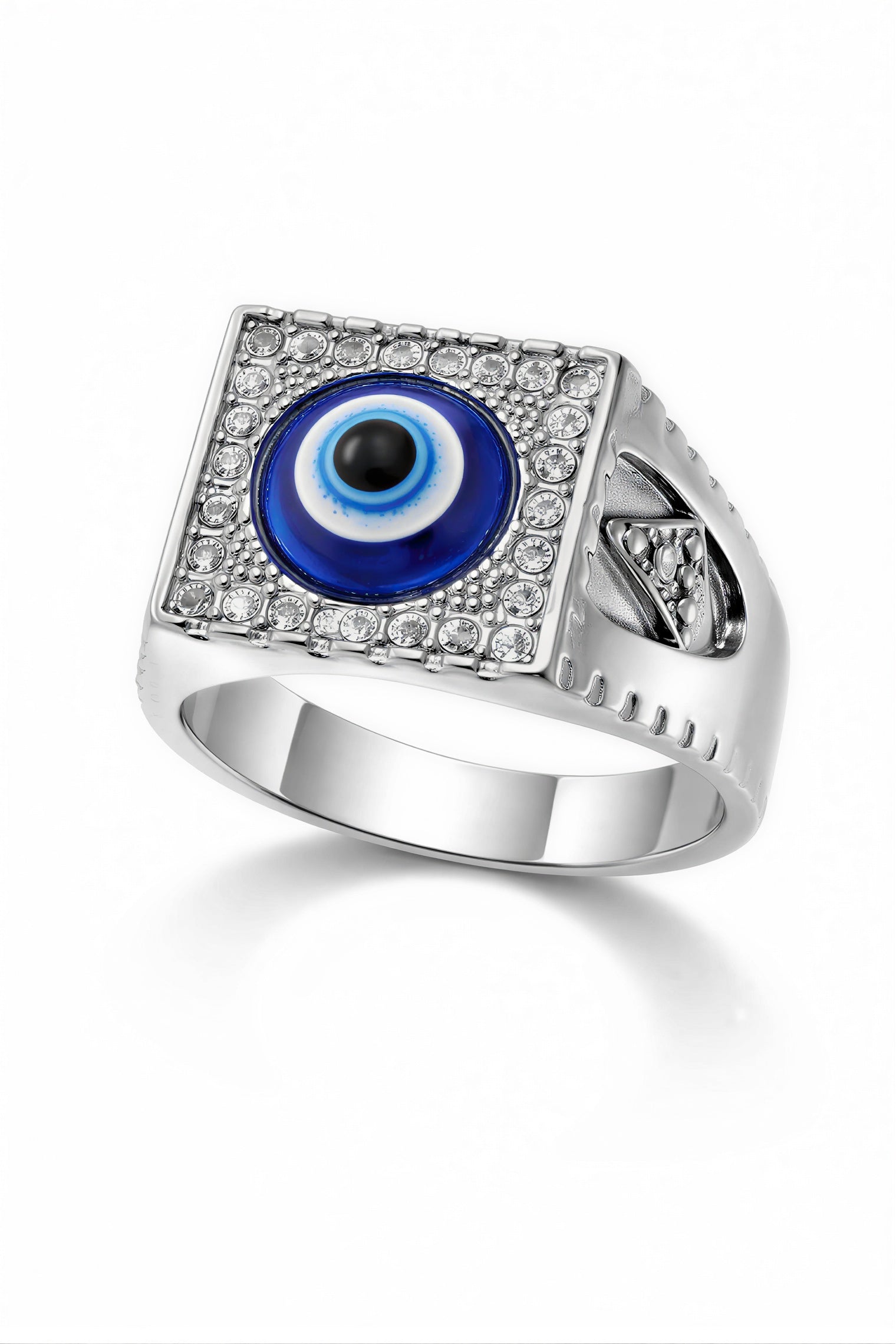 Blue evil eye ring for men in oxidised stainless steel with CZ stones, square statement jewellery ring
