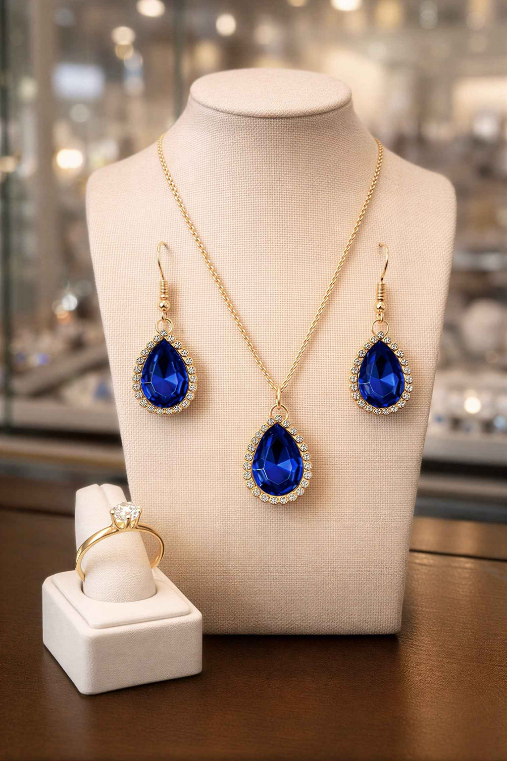 Royal Blue Teardrop Sapphire Crystal Jewelry Set – Gold Necklace & Earrings with Halo Rhinestones