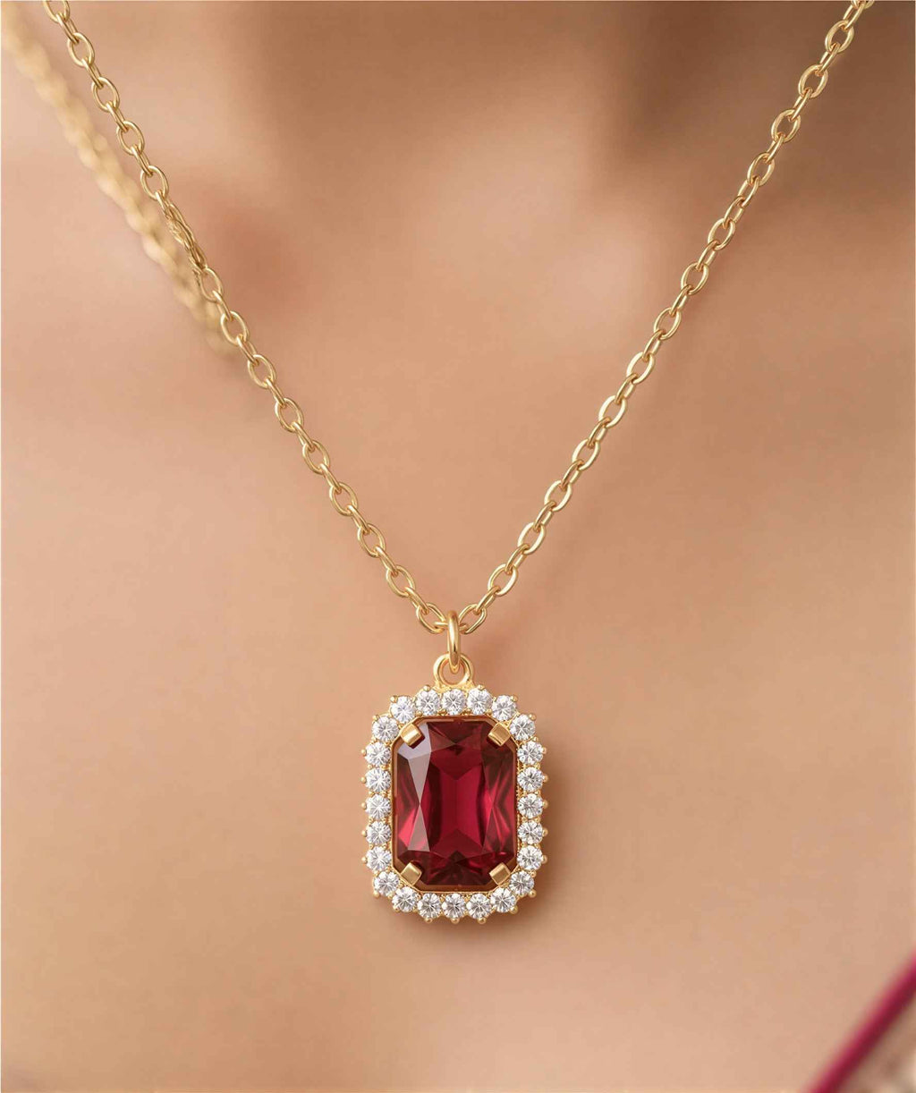 Gold-Plated Emerald Cut Red Ruby & Cubic Zirconia Pendent with Chain for Women & Girls | Traditional Ethnic Jewelry Set | Ideal for Weddings & Festive Wear