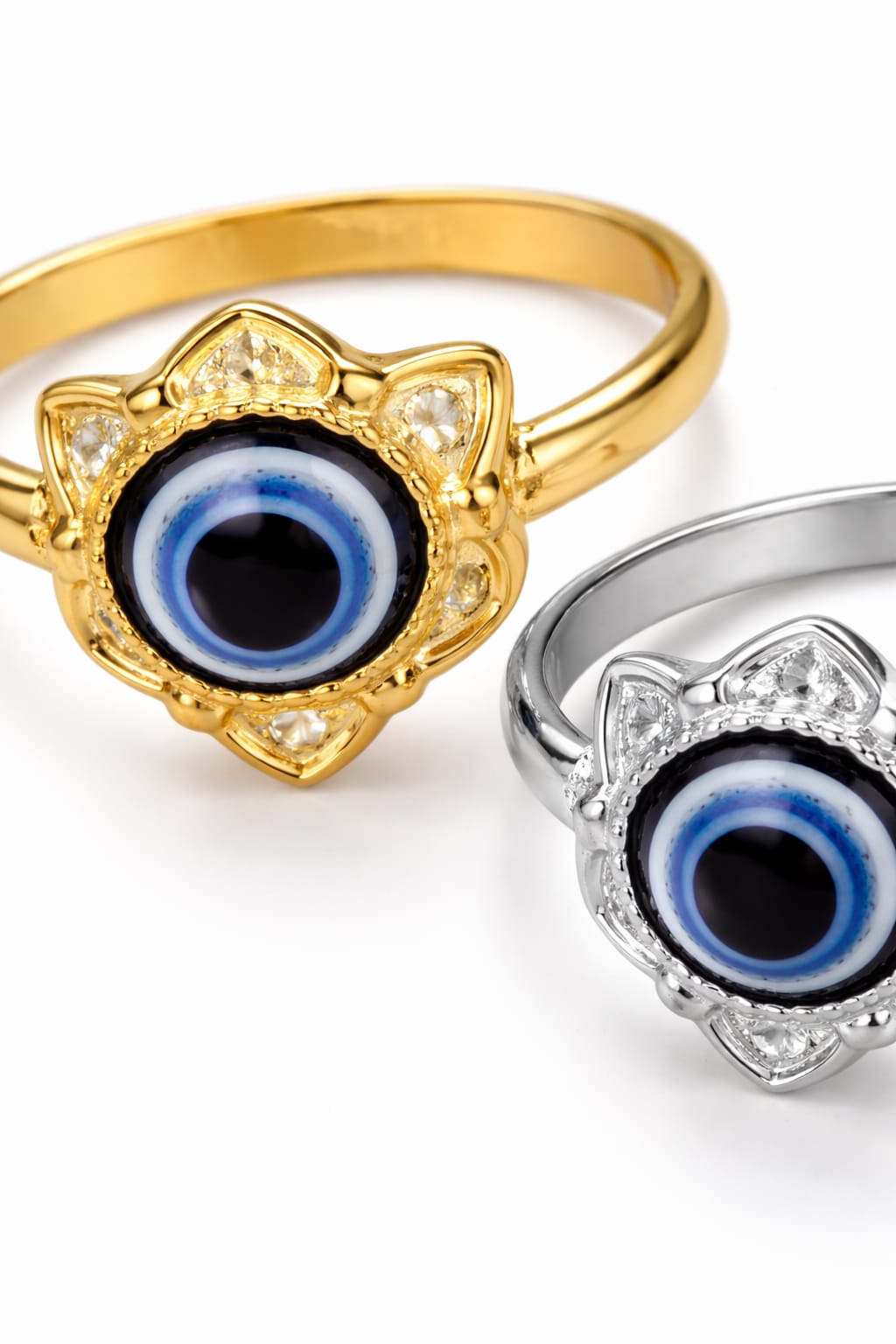 Stainless Steel Evil Eye Ring Combo for Women | Gold & Silver Plated Adjustable Nazar Rings | Trendy Floral Protection Ring Set (Pack of 2) - VAYNORA JEWELS