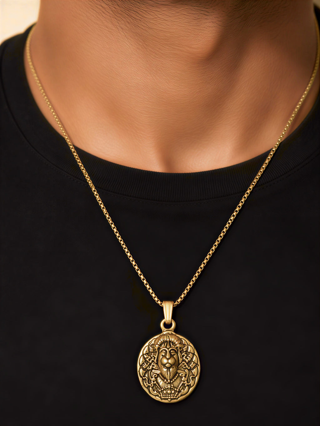 Close Up View of Gold Plated Hanuman Ji Pendant Necklace with Premium Anti Tarnish Chain