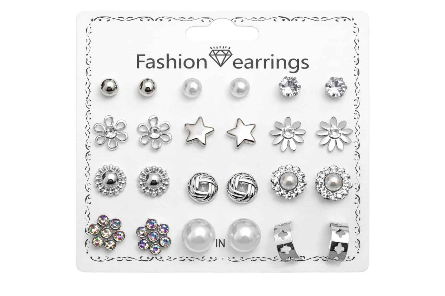12 Pairs Silver Plated Stud Earrings Combo for Women & Girls | Stylish Crystal, Heart, Floral & Pearl Studs Set | Daily Wear Fashion Jewellery | Hypoallergenic Lightweight Earrings Pack