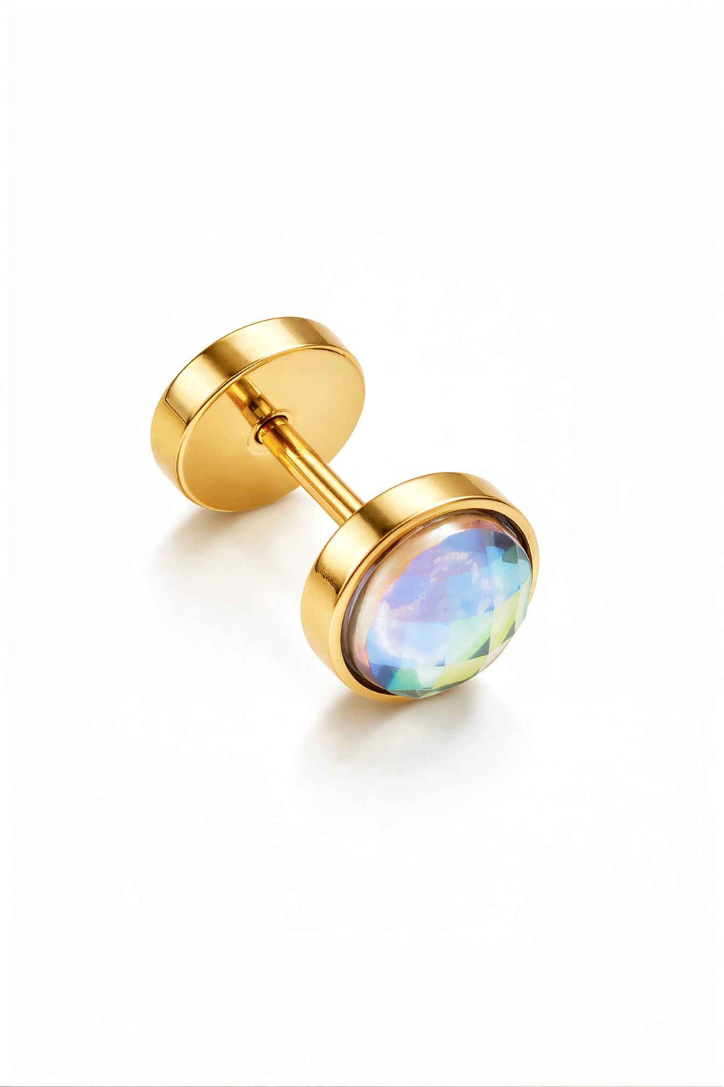 Gold Round Stud Earrings with Iridescent Crystal – Unisex Minimalist Gemstone Earrings – Modern Luxury Jewelry