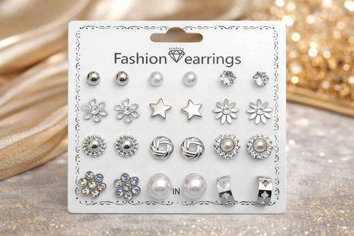 12 Pairs Silver Plated Stud Earrings Combo for Women & Girls | Stylish Crystal, Heart, Floral & Pearl Studs Set | Daily Wear Fashion Jewellery | Hypoallergenic Lightweight Earrings Pack