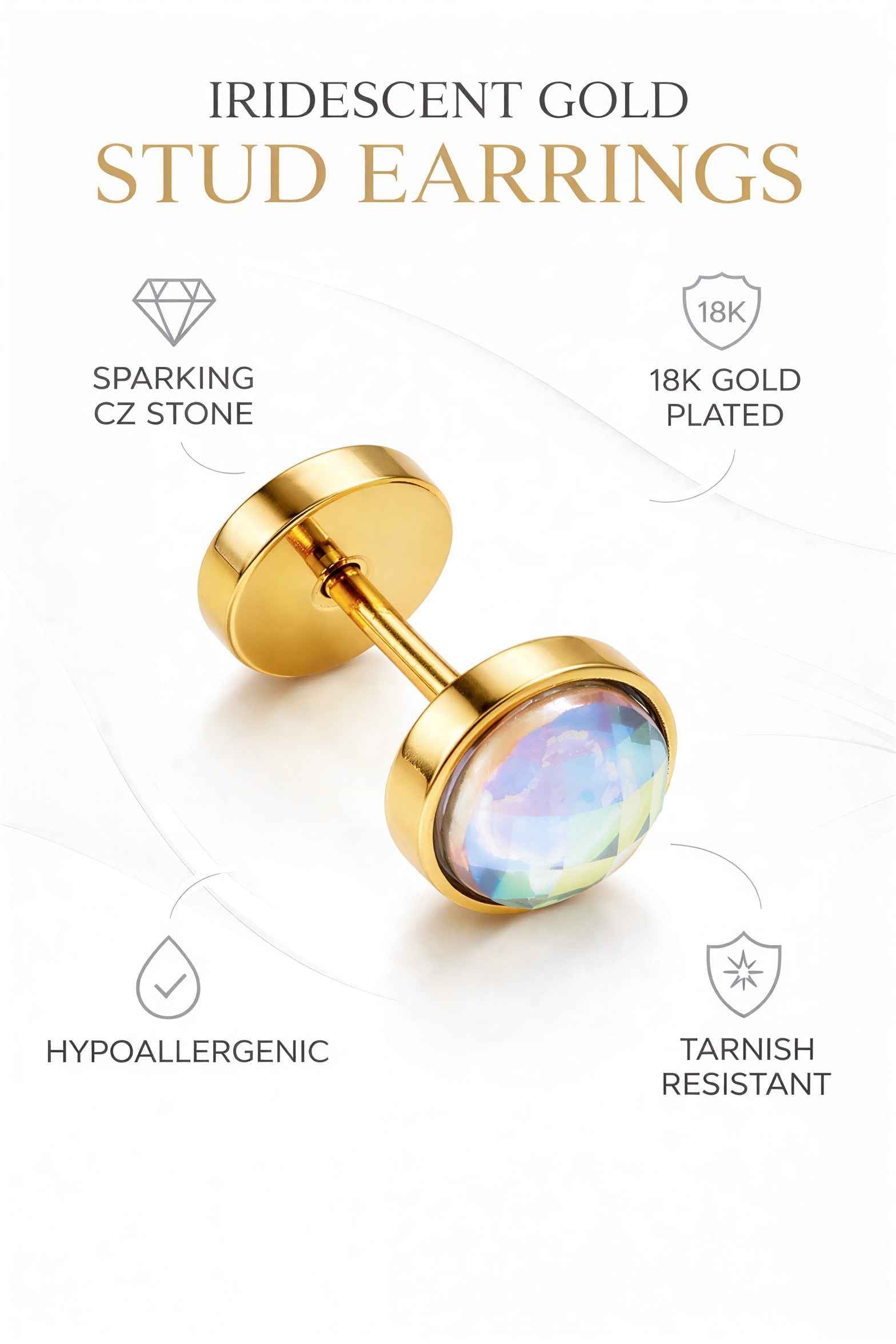 Gold Round Stud Earrings with Iridescent Crystal – Unisex Minimalist Gemstone Earrings – Modern Luxury Jewelry