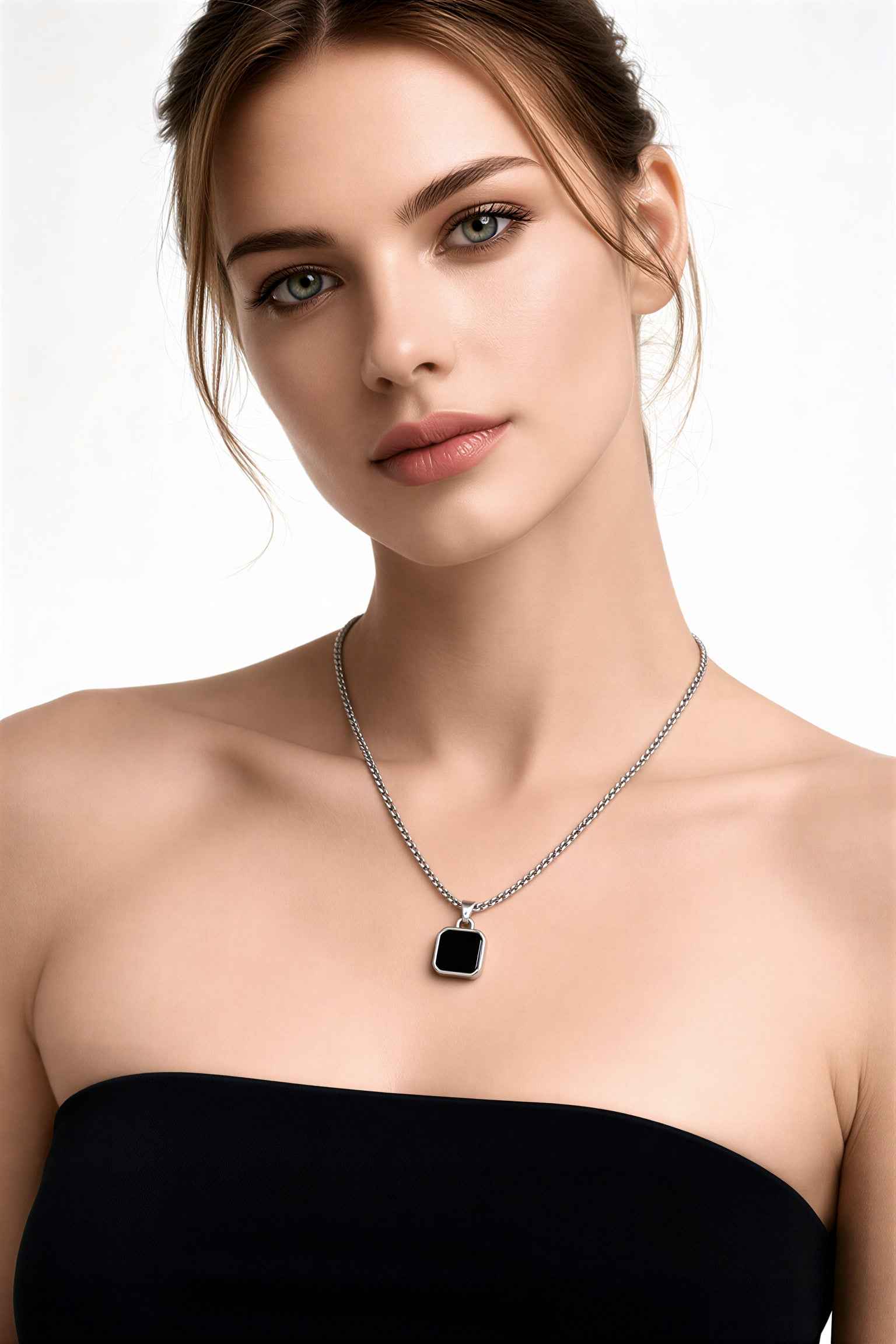 Minimalist Black Square Pendant Necklace – Stainless Steel Chain | Modern Unisex Jewelry