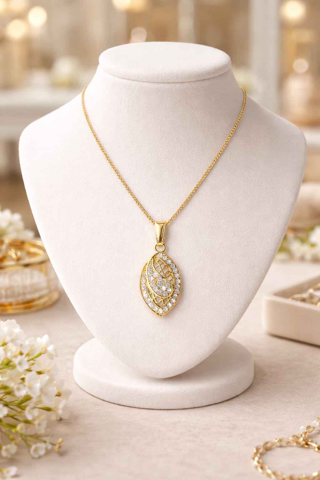 Gold Plated American Diamond Leaf Pendant Necklace for Women | Designer Crystal Pendant Chain | Stylish Daily Wear & Party Wear Jewellery Gift for Girls & Women