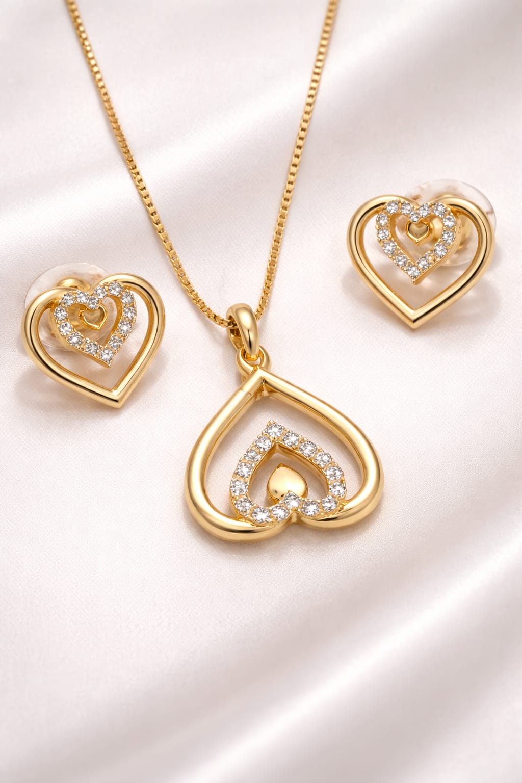 Gold plated double heart pendant set with CZ stones necklace and earrings for women