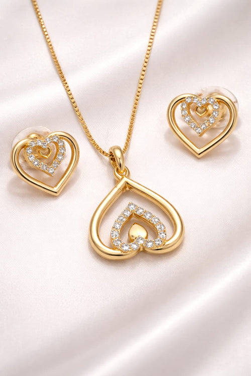 Gold plated double heart pendant set with CZ stones necklace and earrings for women