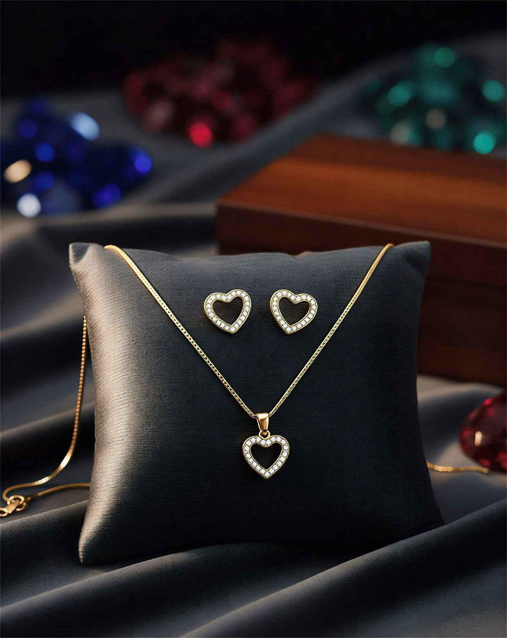 Golden Heart Pendant Necklace Set with Earrings – American Diamond Jewellery for Women