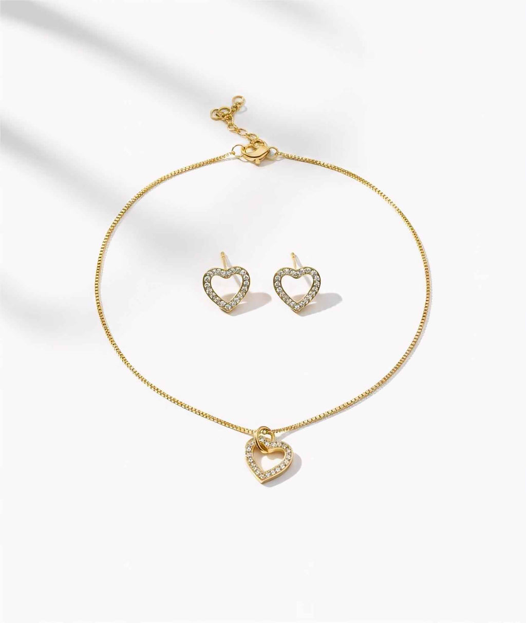 Golden Heart Pendant Necklace Set with Earrings – American Diamond Jewellery for Women