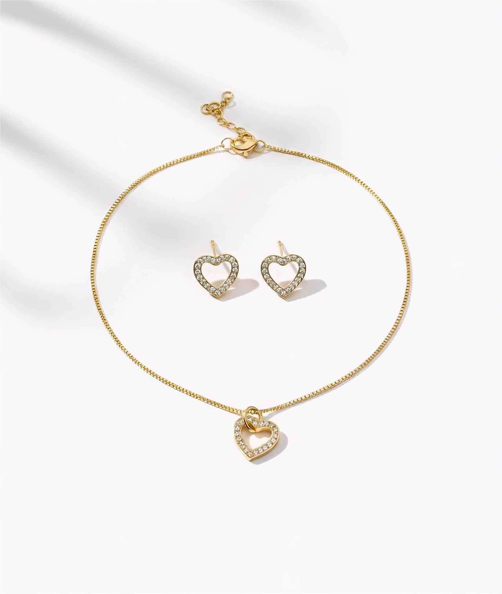 Golden Heart Pendant Necklace Set with Earrings – American Diamond Jewellery for Women