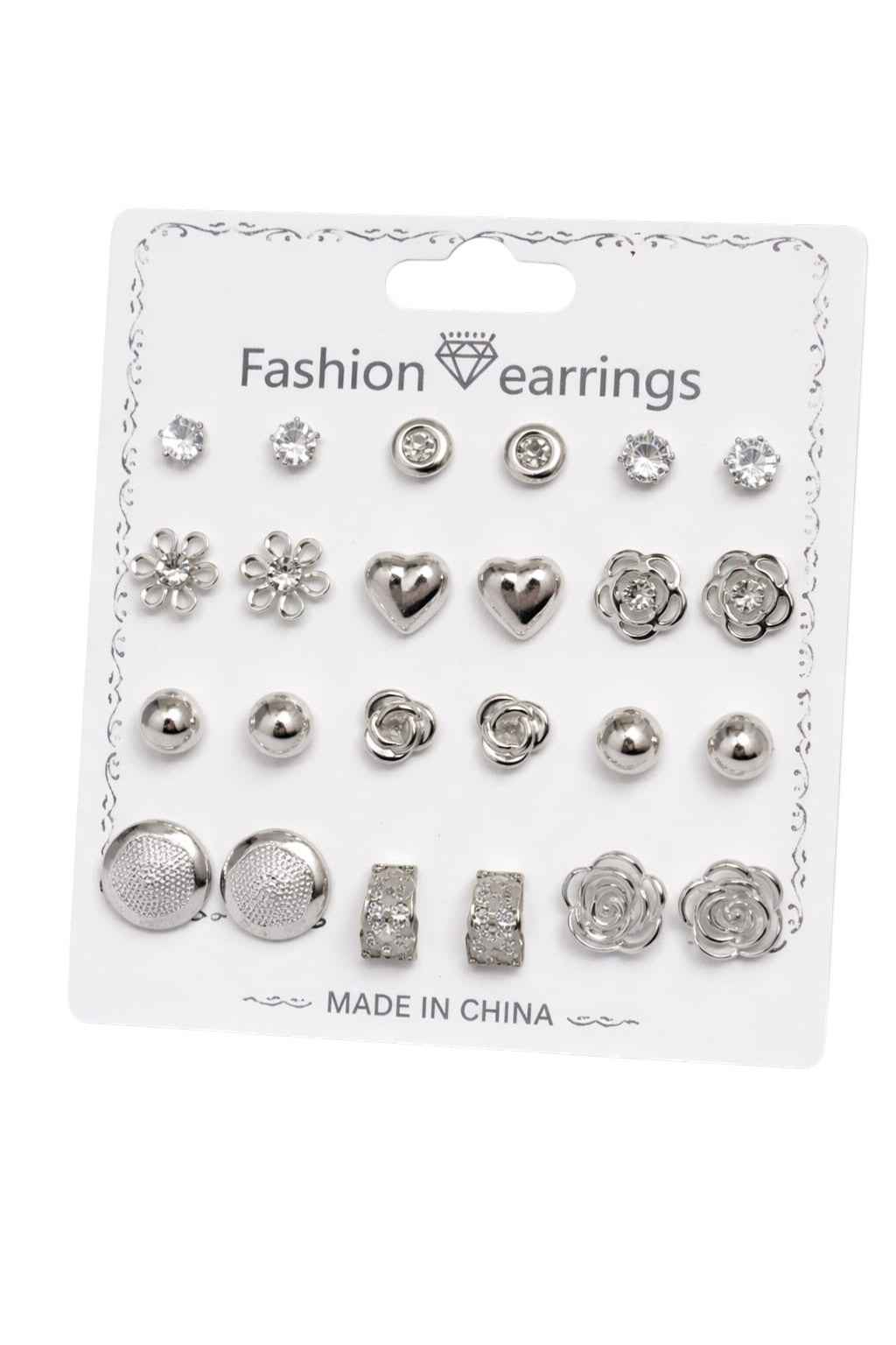 12 Pair Combo Stud Earrings for Women & Girls | Silver Plated Crystal & Heart Design | Daily Wear Fashion Earrings Set | Lightweight Jewellery Pack