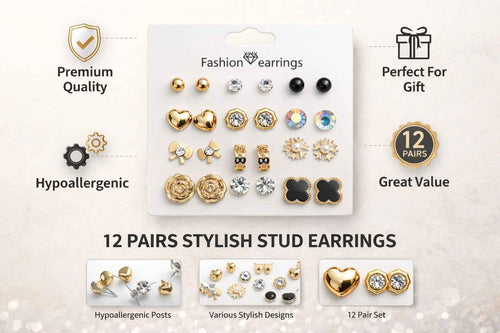 12 Pairs Gold Plated Stud Earrings Combo Set for Women – Trendy Daily Wear Fashion Jewellery Collection