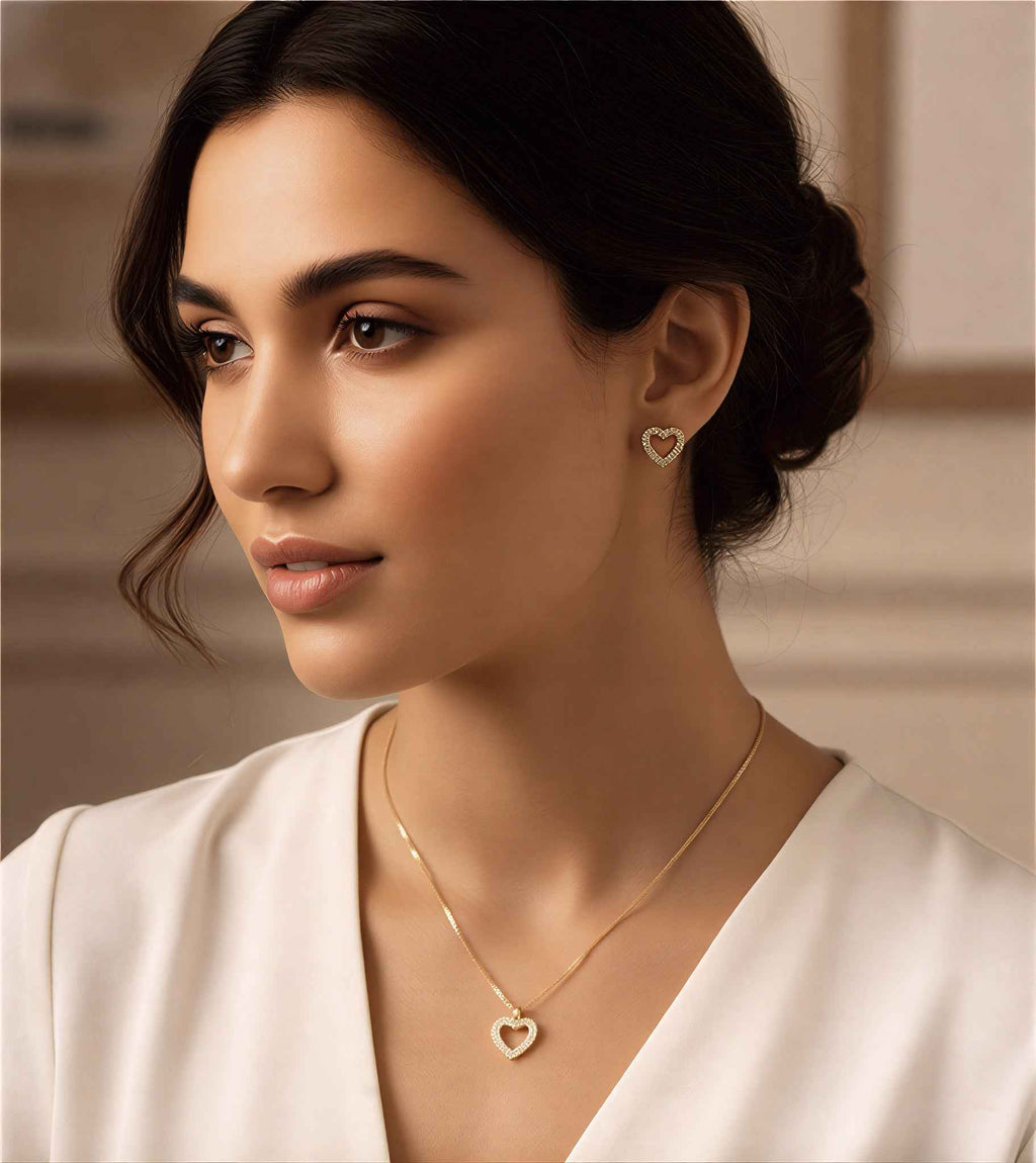 Golden Heart Pendant Necklace Set with Earrings – American Diamond Jewellery for Women