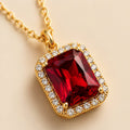 Luxury Gold Plated Red Stone Pendant Necklace for Women | Emerald Cut Ruby Crystal with CZ Diamond Halo - VAYNORA JEWELS