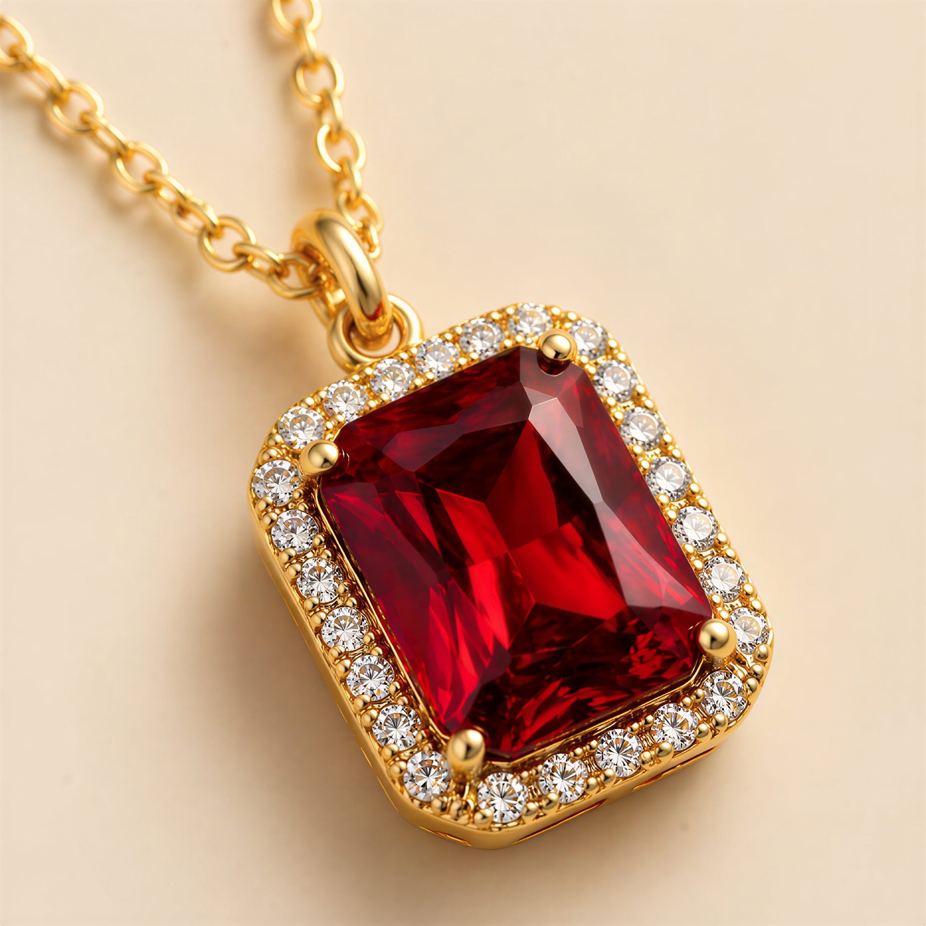 Luxury Gold Plated Red Stone Pendant Necklace for Women | Emerald Cut Ruby Crystal with CZ Diamond Halo - VAYNORA JEWELS