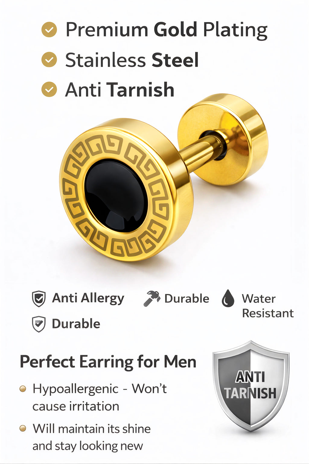 Unisex Gold Plated Black Stone Stud Earrings for Men & Women - VAYNORA JEWELS
