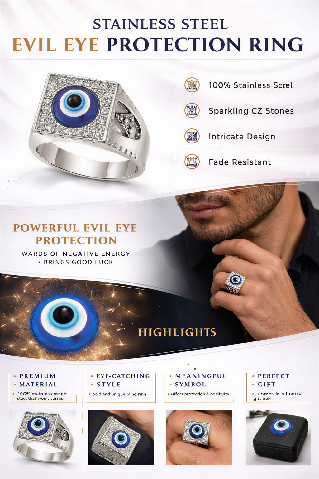 Evil eye protection ring for men features stainless steel, CZ stones, oxidised finish and nazar protection benefits