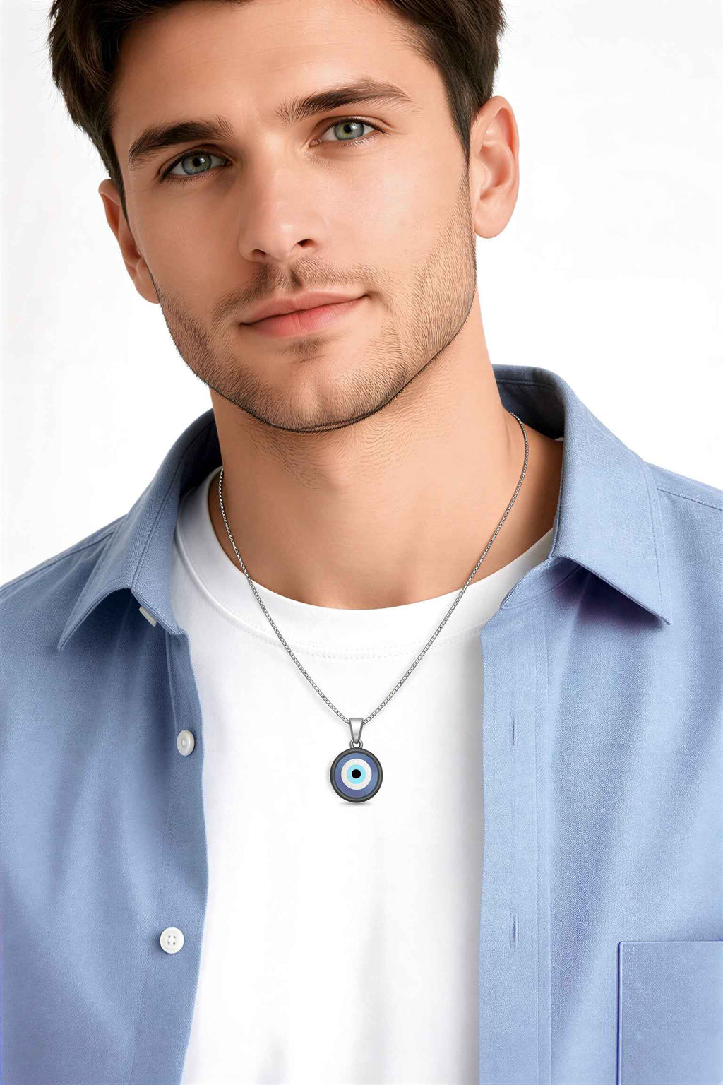 Blue Evil Eye Pendant Necklace for Men & Women – Stainless Steel Nazar Protection Charm Chain