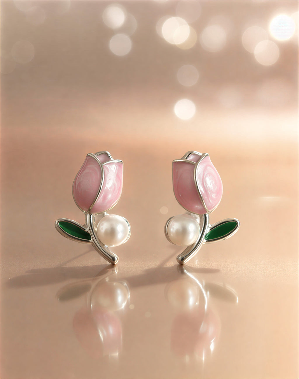 Pink Tulip Enamel & Faux Pearl Stud Earrings - VAYNORA JEWELS