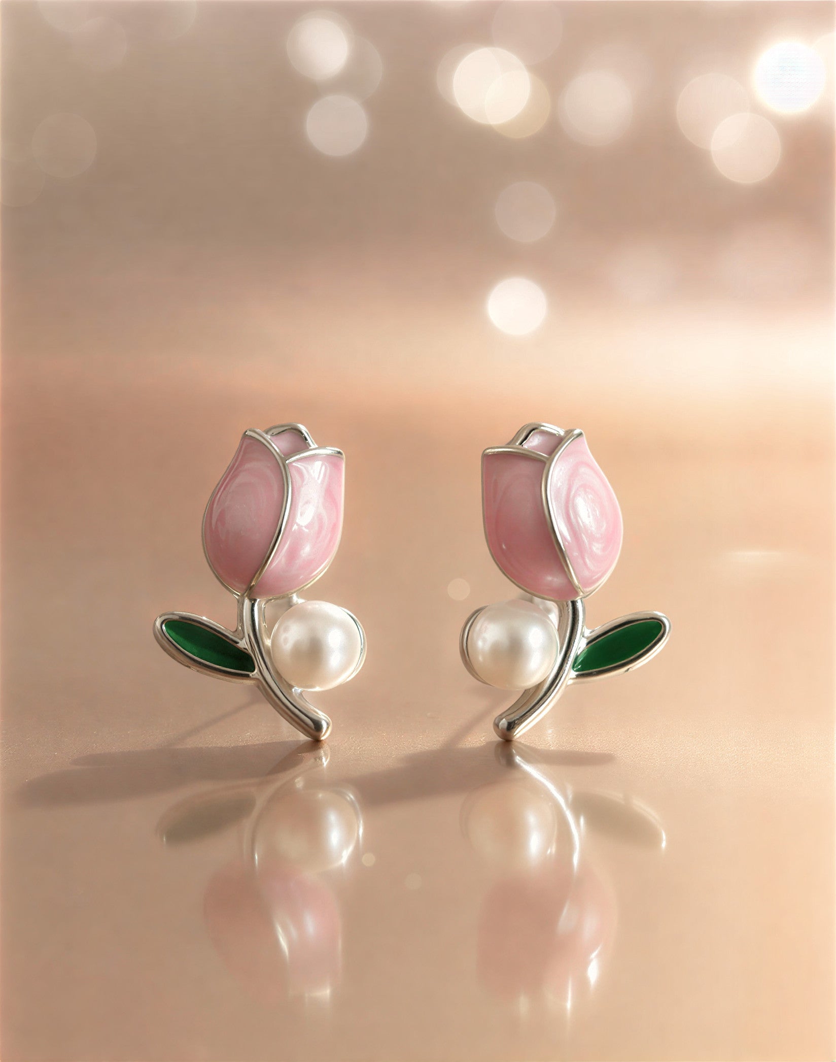 Pink Tulip Enamel & Faux Pearl Stud Earrings - VAYNORA JEWELS