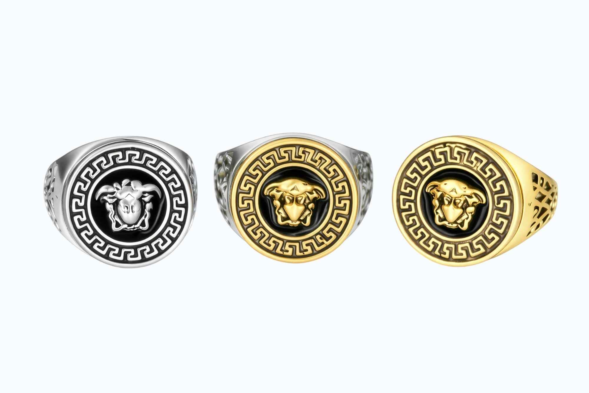 Men’s Gold & Silver Lion Head Ring Combo of 3 | Stainless Steel Statement Rings for Men | Designer Greek Pattern Rings | Trendy Party, Casual & Gift Rings for Boys & Men