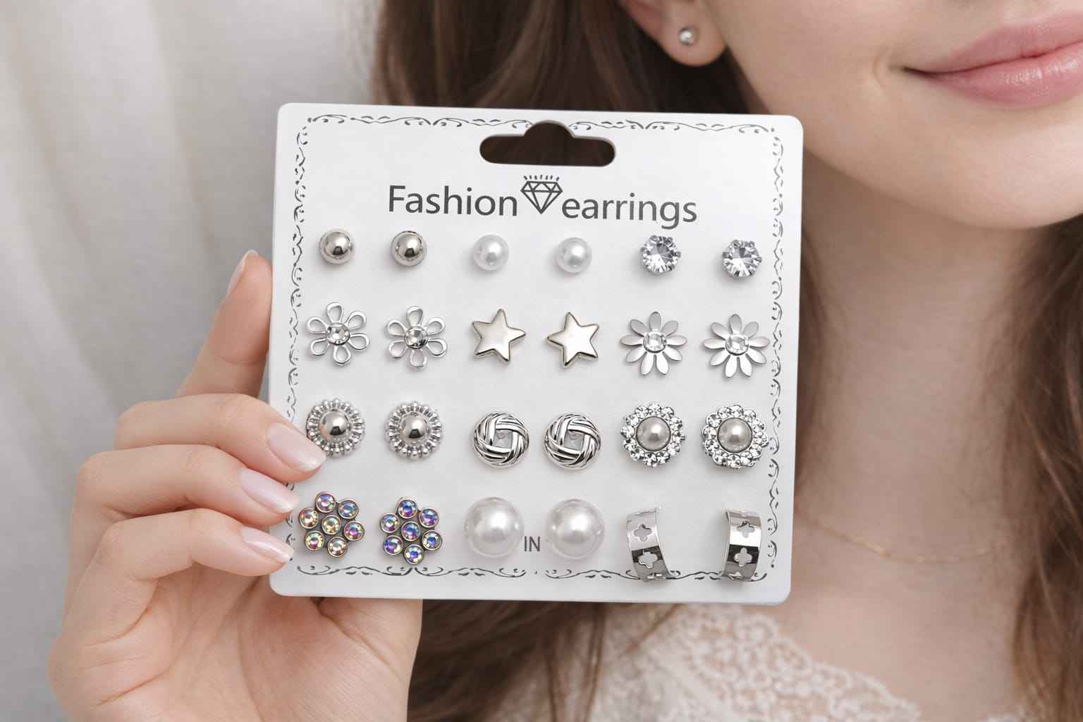 12 Pairs Silver Plated Stud Earrings Combo for Women & Girls | Stylish Crystal, Heart, Floral & Pearl Studs Set | Daily Wear Fashion Jewellery | Hypoallergenic Lightweight Earrings Pack