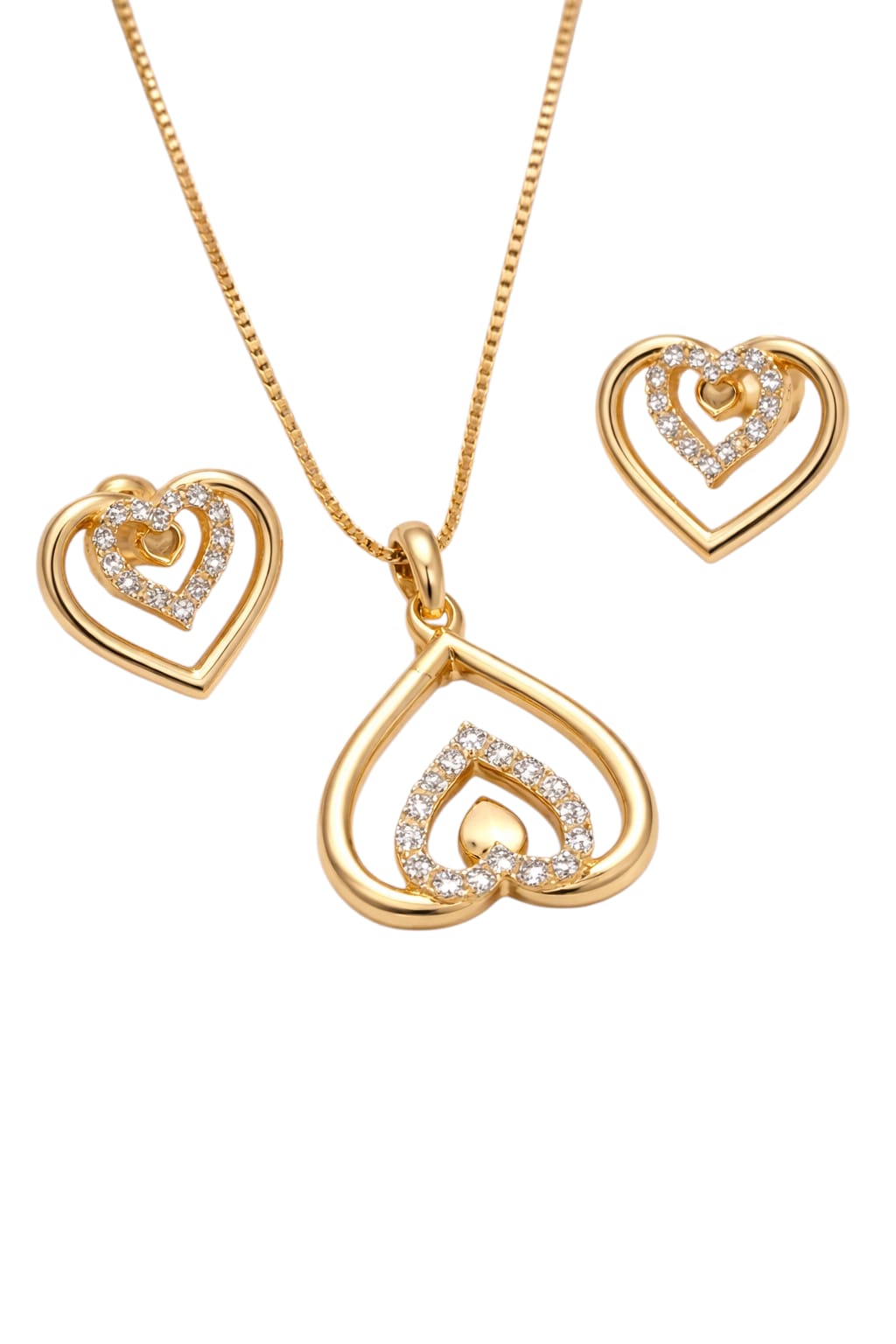 closeup of double heart CZ gold plated pendant and earrings jewellery set design