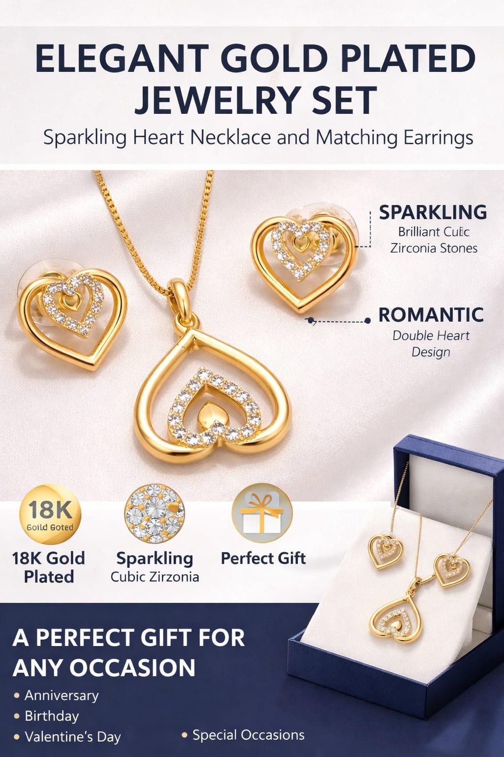 gold plated heart jewellery set features cubic zirconia double heart design gift for women