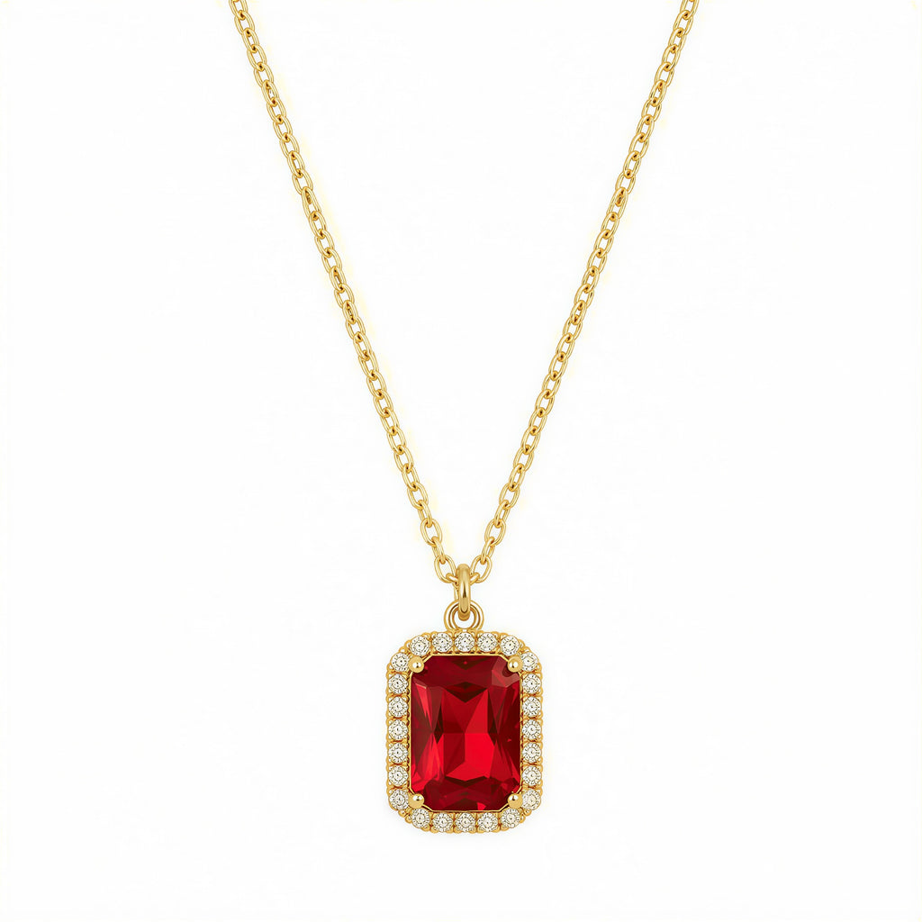 Luxury Gold Plated Red Stone Pendant Necklace for Women | Emerald Cut Ruby Crystal with CZ Diamond Halo - VAYNORA JEWELS