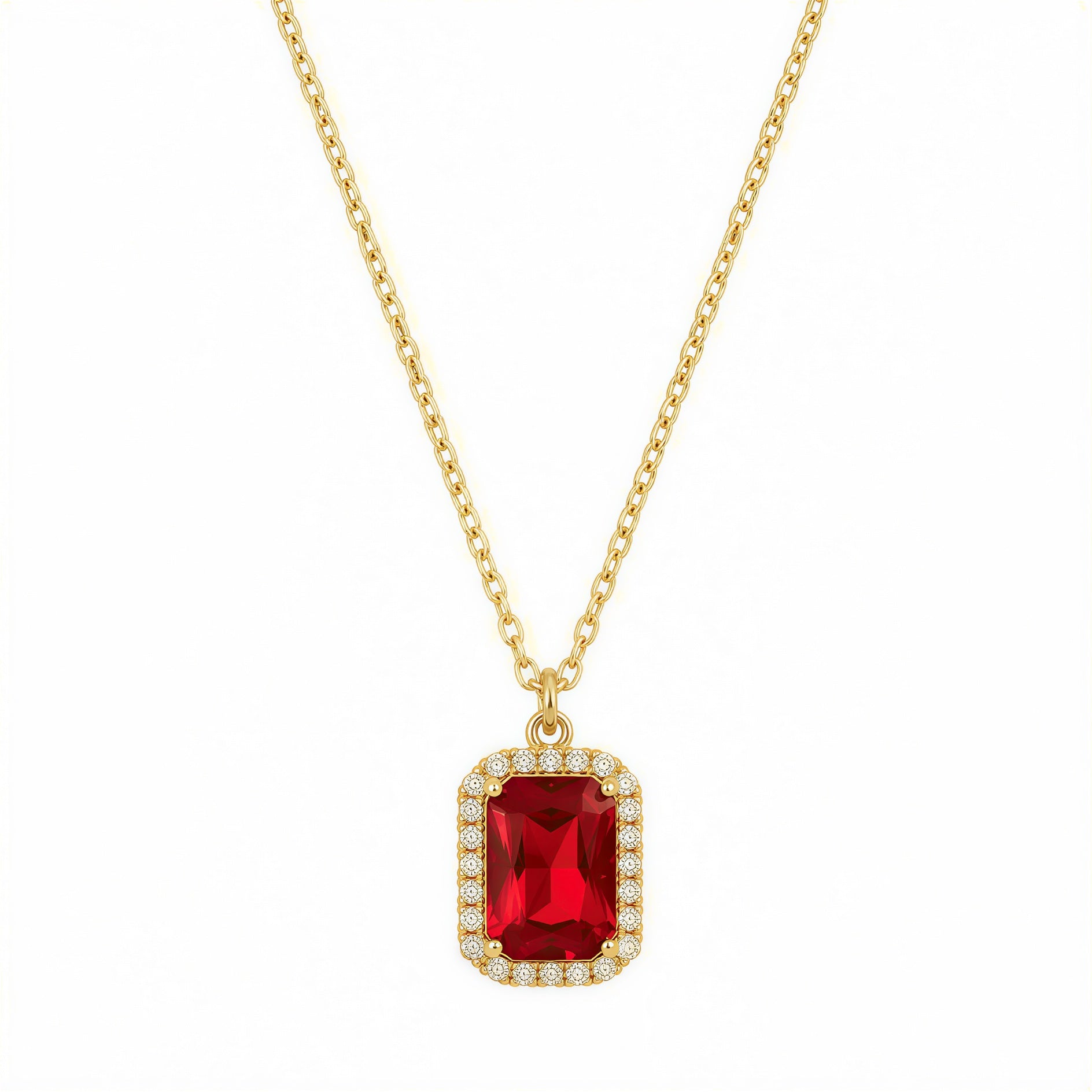Luxury Gold Plated Red Stone Pendant Necklace for Women | Emerald Cut Ruby Crystal with CZ Diamond Halo - VAYNORA JEWELS