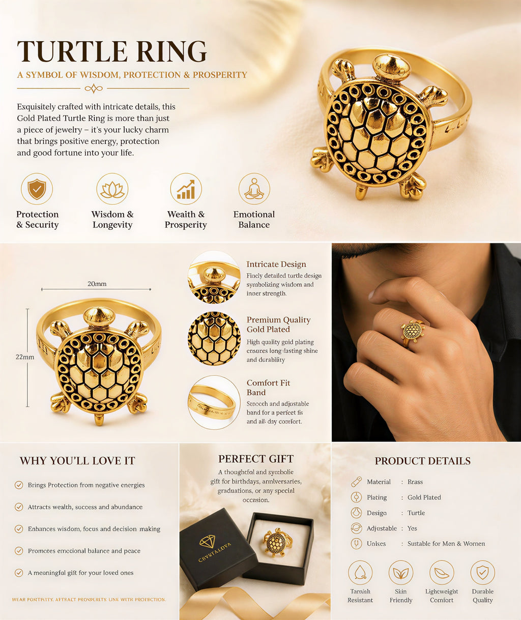 Gold plated turtle lucky ring promotional poster symbolizing prosperity wisdom and protection