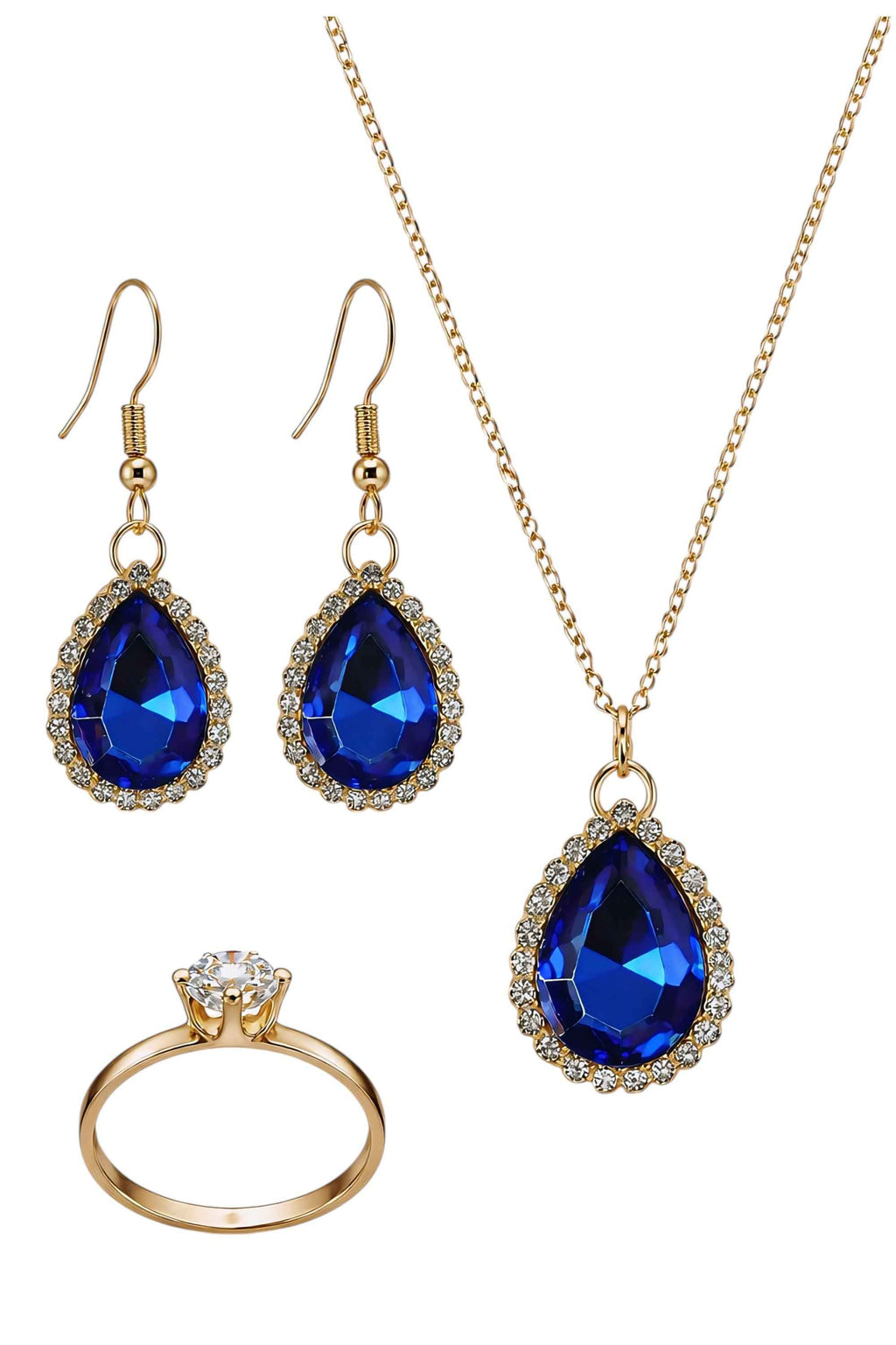 Royal Blue Teardrop Sapphire Crystal Jewelry Set – Gold Necklace & Earrings with Halo Rhinestones