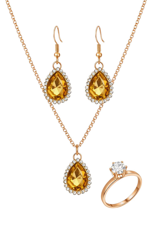 Champagne Gold Teardrop Crystal Jewelry Set – Gold Necklace, Earrings & Statement Ring