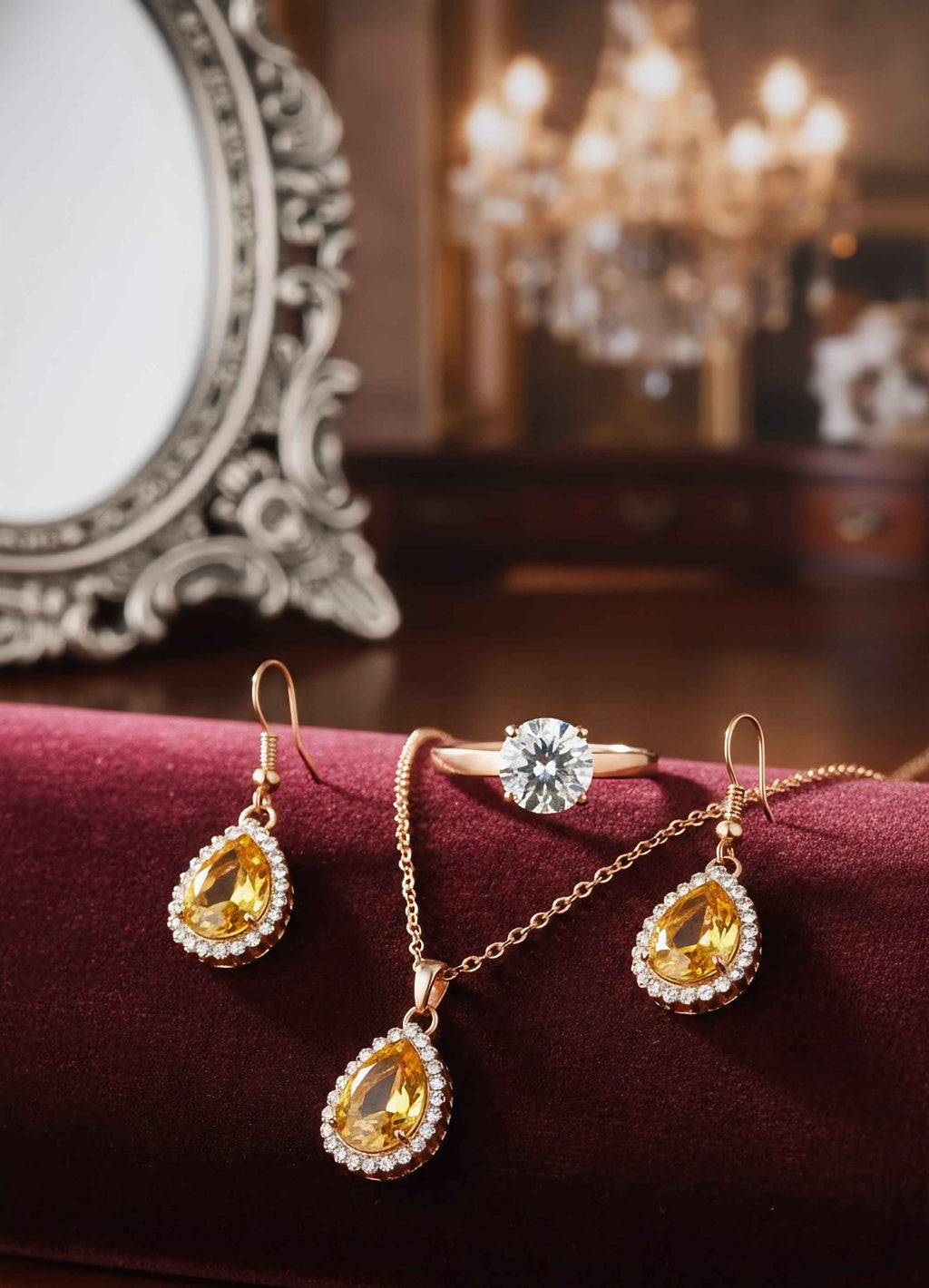Champagne Gold Teardrop Crystal Jewelry Set – Gold Necklace, Earrings & Statement Ring