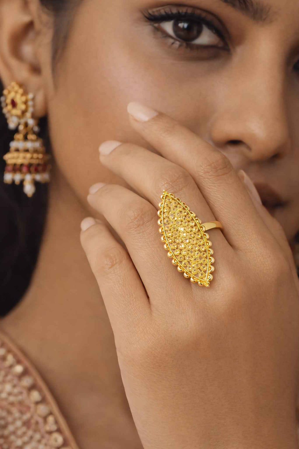 Gold Plated Designer Long Ring for Women – Traditional Ethnic Statement Finger Ring