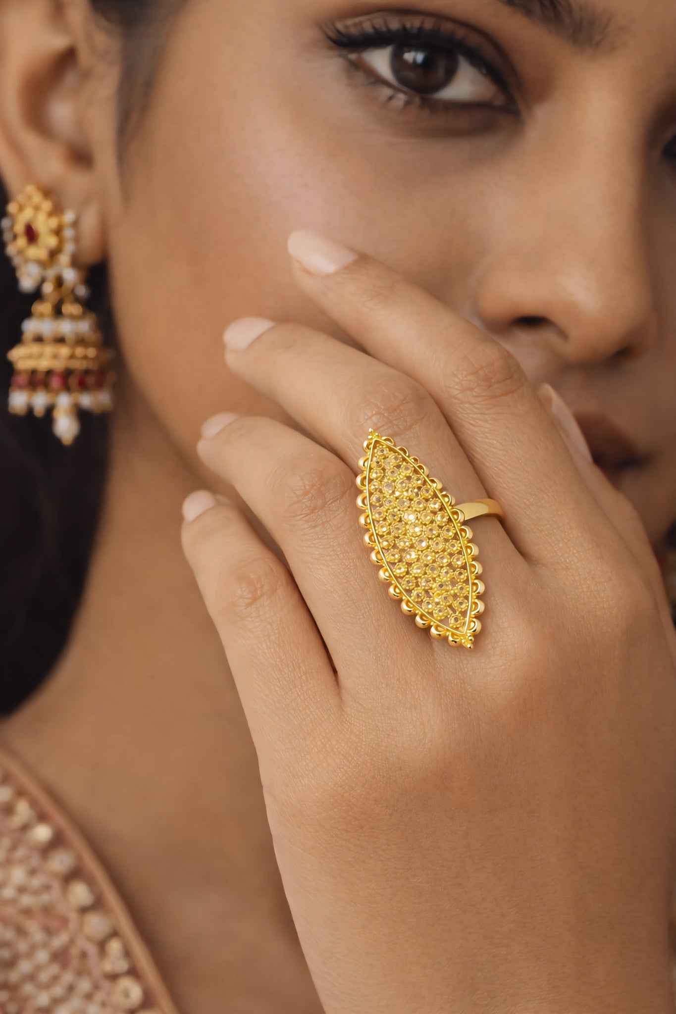Gold Plated Designer Long Ring for Women – Traditional Ethnic Statement Finger Ring