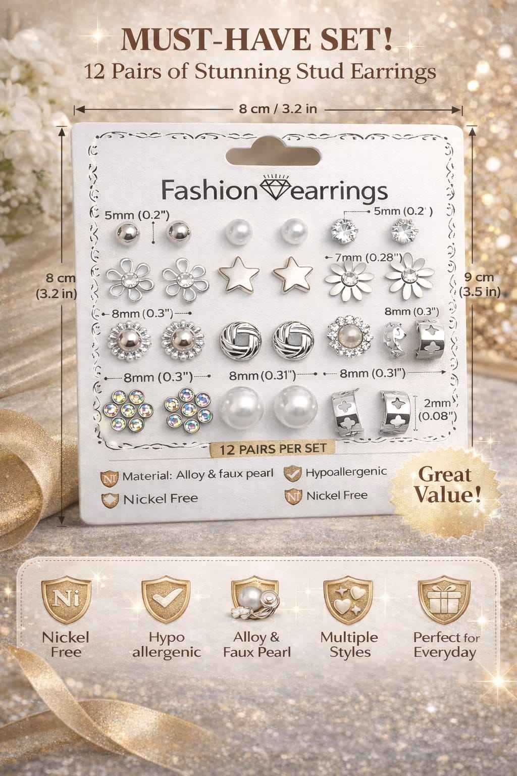 12 Pairs Silver Plated Stud Earrings Combo for Women & Girls | Stylish Crystal, Heart, Floral & Pearl Studs Set | Daily Wear Fashion Jewellery | Hypoallergenic Lightweight Earrings Pack