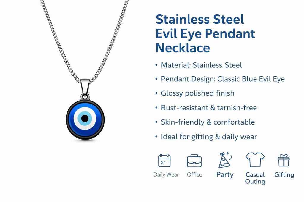 Blue Evil Eye Pendant Necklace for Men & Women – Stainless Steel Nazar Protection Charm Chain