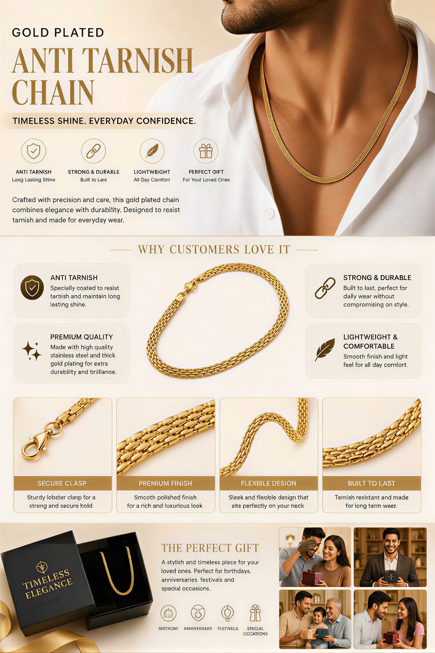 Luxury Gold Plated Stainless Steel Chain for Men Detailed Product Showcase and Features