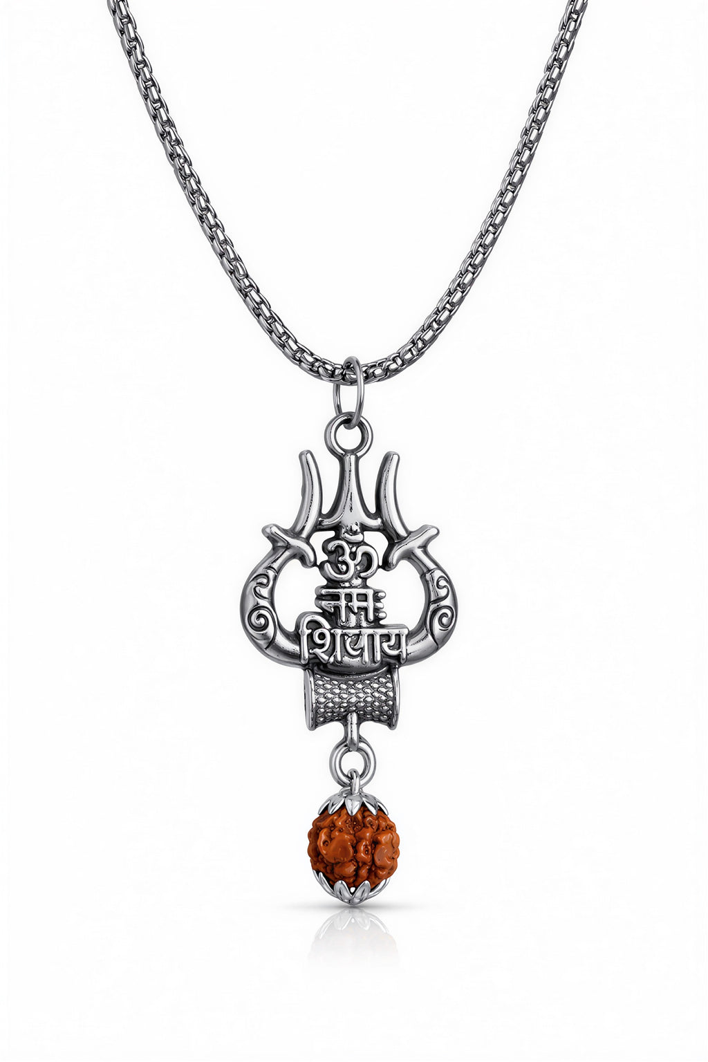 maha shiv trishul rudraksha stainless steel pendant close view
