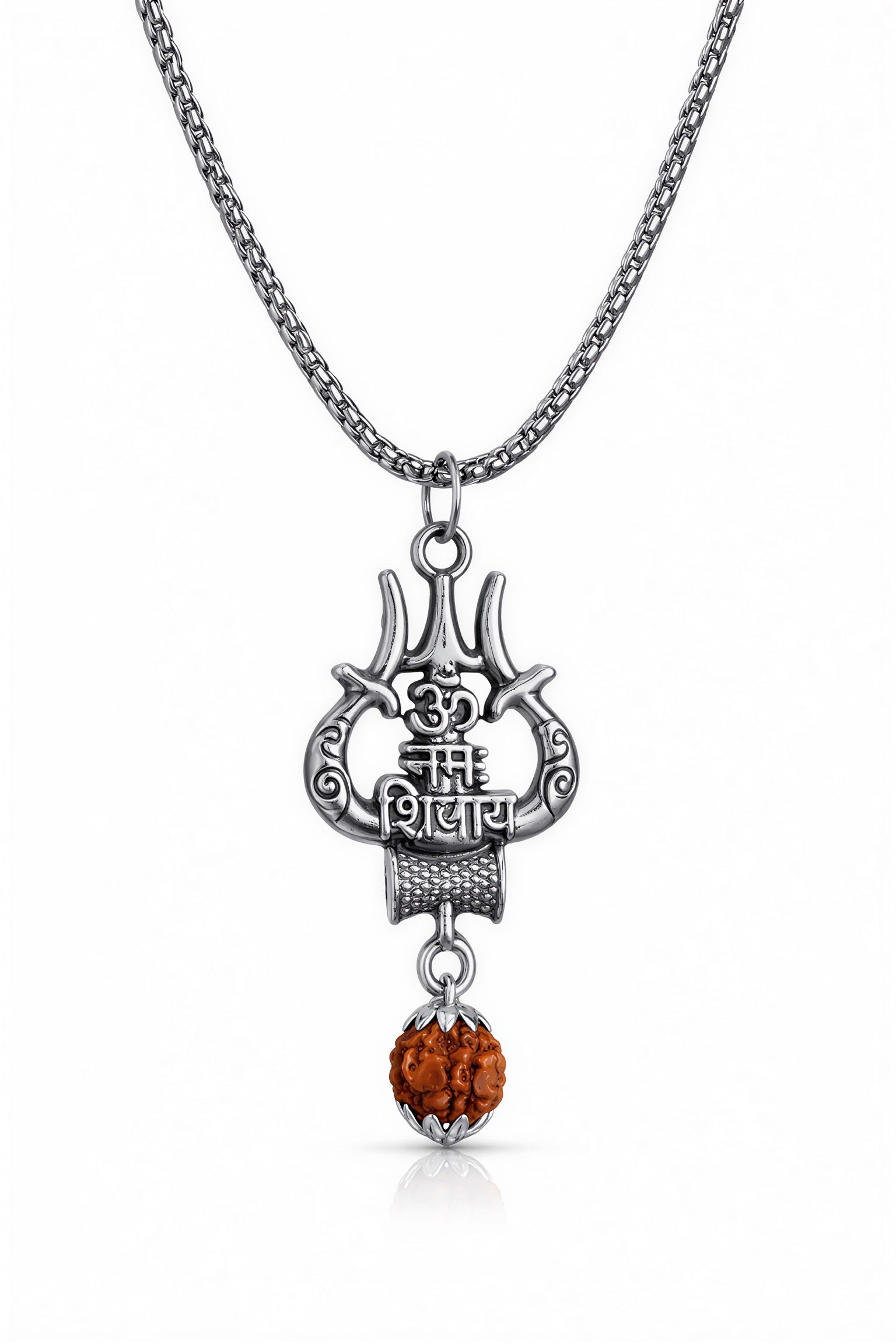 maha shiv trishul rudraksha stainless steel pendant close view