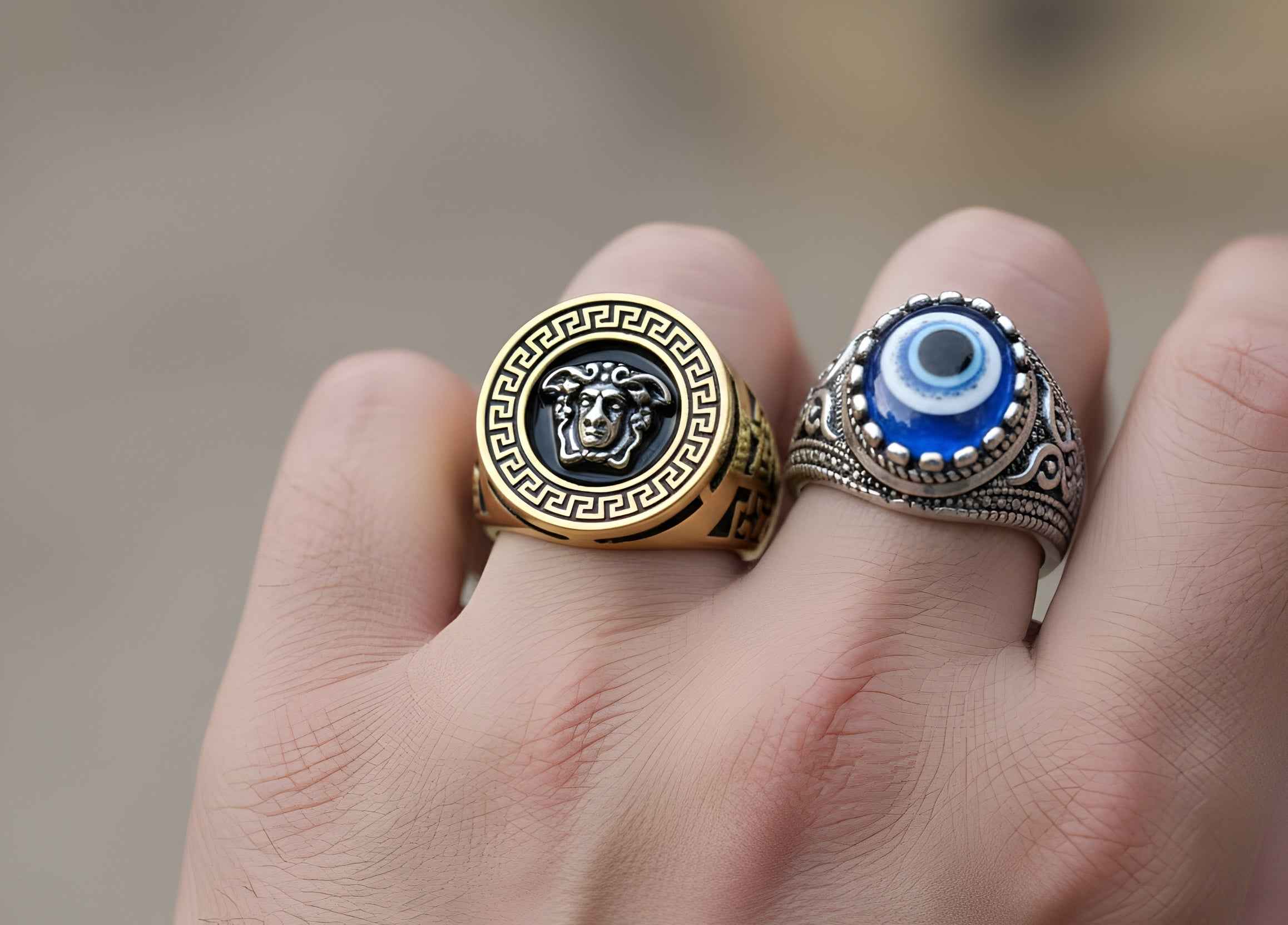 Men’s Stylish Finger Ring Combo Pack of 2 | Gold Medusa Head Ring & Silver Evil Eye Ring | Stainless Steel | Adjustable Size | Fashion Statement Rings for Men & Boys