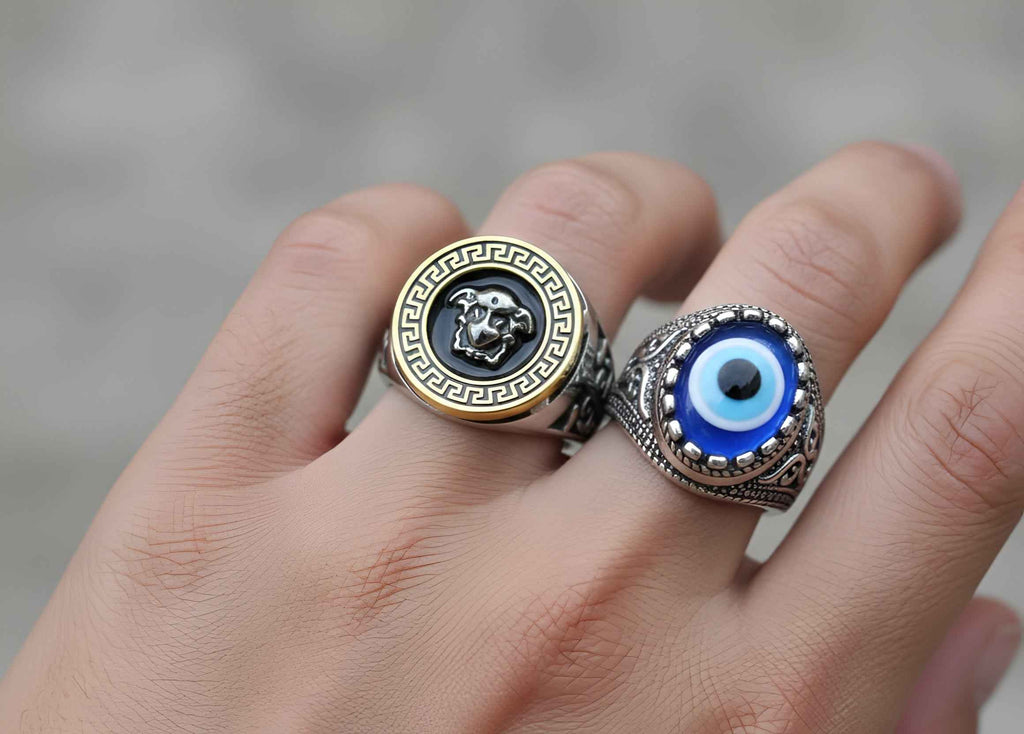 Men Finger Ring Combo Pack of 2 | Medusa Ring & Evil Eye Ring | Stylish Adjustable Rings for Men