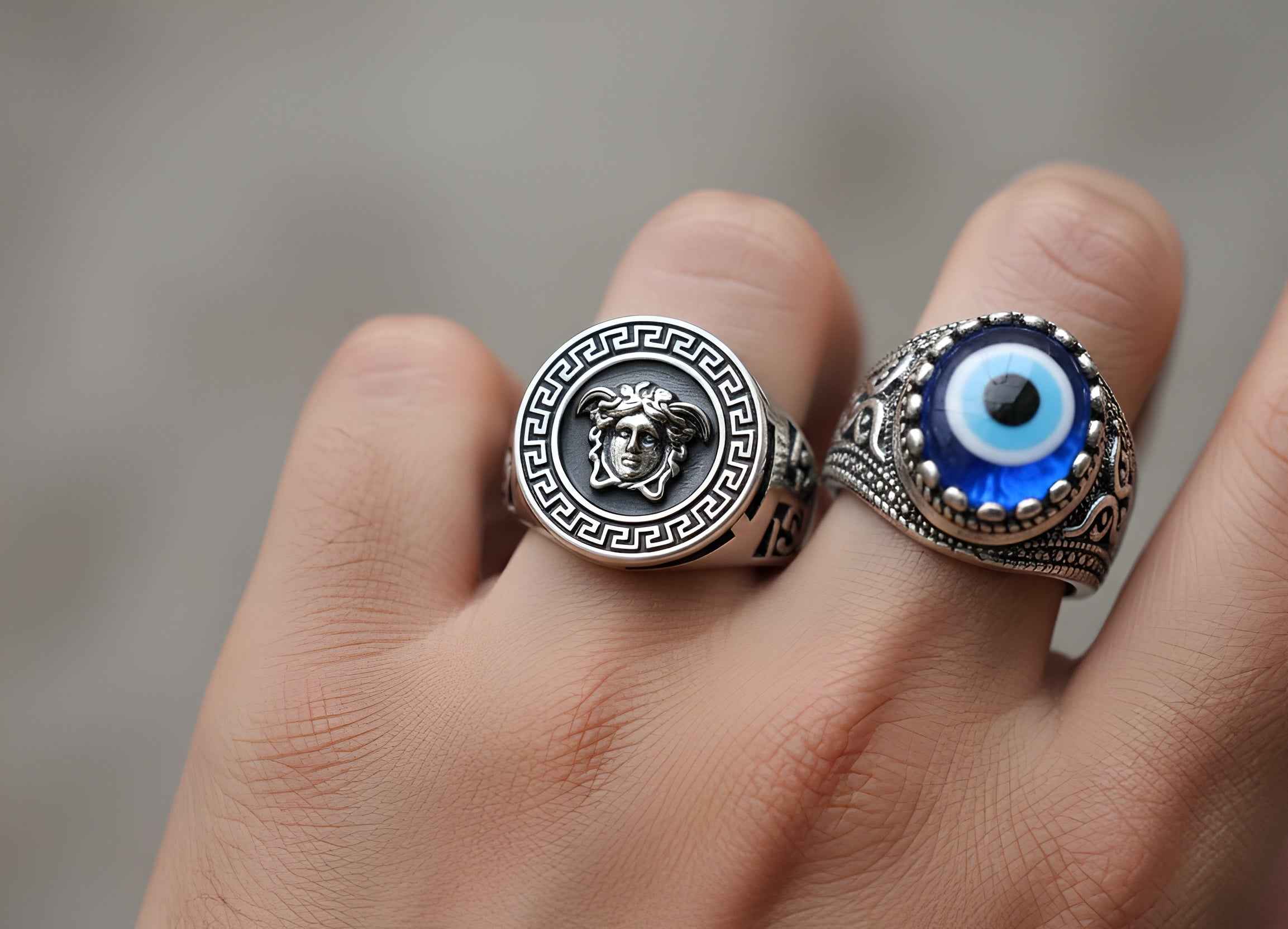 Stylish Men Finger Ring Combo (Pack of 2) – Gold Medusa Design & Silver Evil Eye Ring | Adjustable Stainless Steel Rings for Men