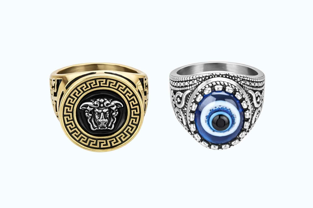 Men’s Stylish Finger Ring Combo Pack of 2 | Gold Medusa Head Ring & Silver Evil Eye Ring | Stainless Steel | Adjustable Size | Fashion Statement Rings for Men & Boys